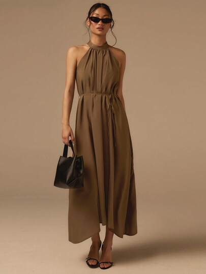 COSMINA Vestido elegante sin mangas con cintura anudada para mujer, versátil para citas, ir al trabajo, salidas, primavera y todas las estaciones