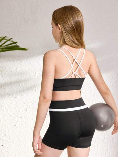 Tween Girls Activewear Sets Tween Girls Clothing Sleeveless Black And White Cross Shorts Fashionable And Casual Sportswear Suitable For Outdoor Long-Distance Movement