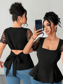 Elenzga Spring New Arrival Square Collar Lace Ruffle Sleeve Hollow Back Bow Design Plus Size Women Blouse, Fashionable For Outing, Holiday Date, Daily Wear, Classic Versatile, Commuting - Black - View 8