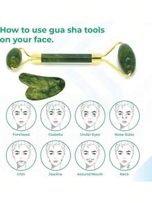 天然玉石滚轮刮痧套装，玫瑰石英面部按摩器，女士护肤工具，SPA 自我护理美容设备，面部按摩工具套装 - 綠色 - 查看 6