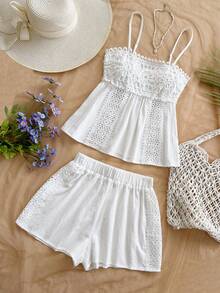Soleia Nuevo conjunto de 2 piezas de ropa de estar en casa informal de unicolor con camiseta de tirantes y pantalones para mujeres, adecuado para vacaciones, días festivos, playa, vacaciones de primavera, festivales de música, estilo bohemio, escapadas tropicales, romántico y versátil para salidas y citas - Blanco - Ver 5