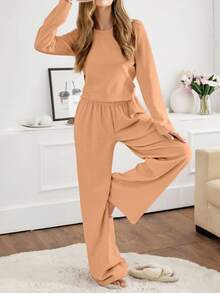 SHEIN Cottnline Women 2pcs Rib Knit With Round Neck Long Sleeve Top&Pants Homewear Comfort Lounge Set - Orange - View 4