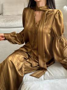 DAZY 2pcs Striped Pattern Loose Cardigan Shirt & Long Pants Pajama Set For Women, Autumn - Coffee Brown - View 1