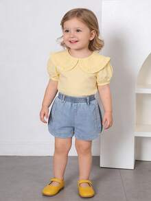 Baby GirlSummer/Spring Squishy Washed Casual Denim Shorts, Elastic Waist Faux Cuff Design, Versatile Daily Wear - Blue - View 3