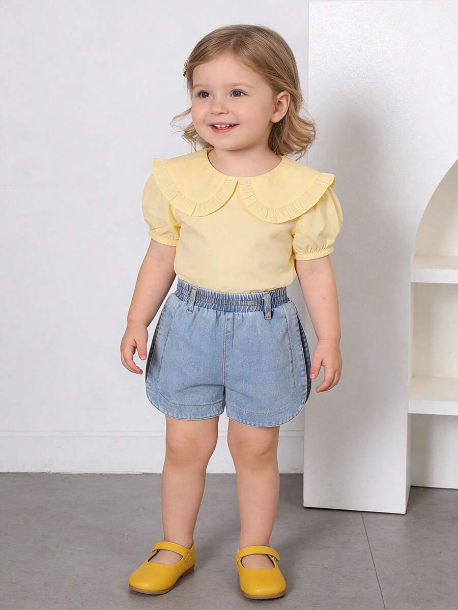 Baby GirlSummer/Spring Squishy Washed Casual Denim Shorts, Elastic Waist Faux Cuff Design, Versatile Daily Wear - Blue - View 1