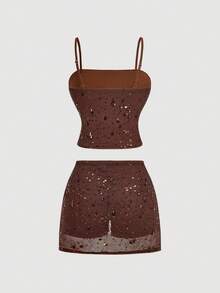 Skyraze Conjunto de dos piezas vintage glamoroso con bordado de lazo y lentejuelas marrones - Para fiesta, boda, salida, lindo, cita, fiesta, ropa de verano y primavera para mujer, vacaciones de primavera, vacaciones, picnic, festival, atuendo de cumpleaños - Marrón - Ver 9