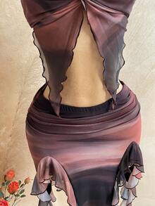 SHEIN WYWH 女士扎染扭褶吊带背心和荷叶边迷你裙性感两件套 - 咖啡棕 - 查看 4