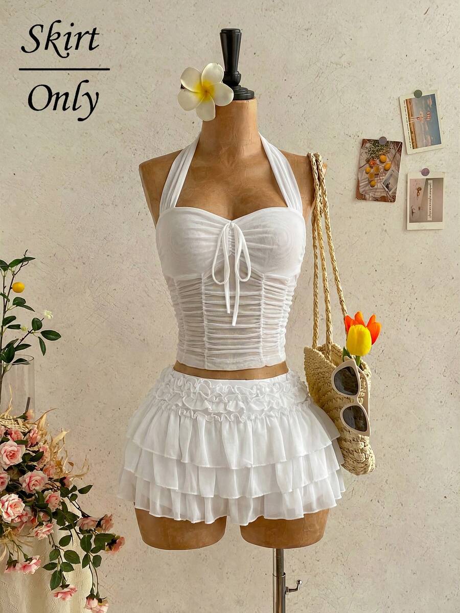 Soleia Chân váy xếp ly nhiều tầng bằng vải chiffon lãng mạn dành cho nữ, thích hợp cho kỳ nghỉ biển, bờ biển, gợi cảm, hẹn hò, khu nghỉ dưỡng bãi biển. - trắng - Xem 1