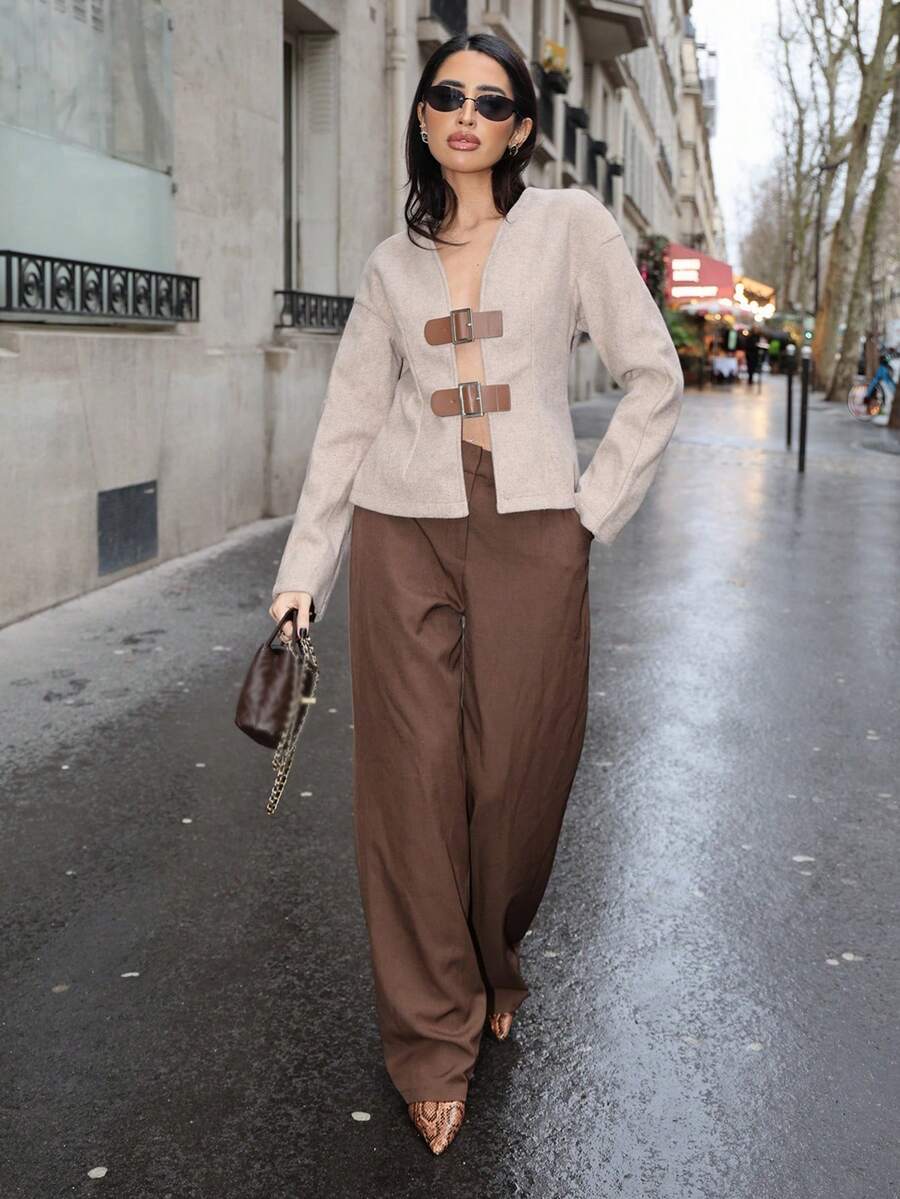 Yassique 女士秋冬款带扣开衫外套