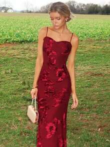 Sydney Algeri 3D立体花卉性感紧身吊带裙，红色连衣裙，圣诞节，新年连衣裙，女士优雅派对连衣裙 - 酒紅色 - 查看 6