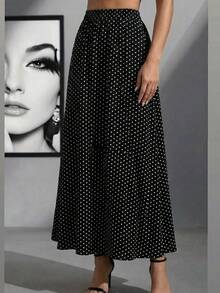 SHEIN ChicEase 2026新款女士高腰弹力腰带经典黑白波点印花飘逸A字长裙，轻盈透气雪纺面料，宽松舒适柔软。2026最新时尚设计，休闲日常穿着，办公工作，度假海滩派对，温暖天气必备长裙。女士长裙，黑色长裙，网纱裙，百褶裙，黑色波点裙，流行穿搭，Pinterest穿搭灵感，新款女士商务休闲女装。 - 黑色 - 查看 6