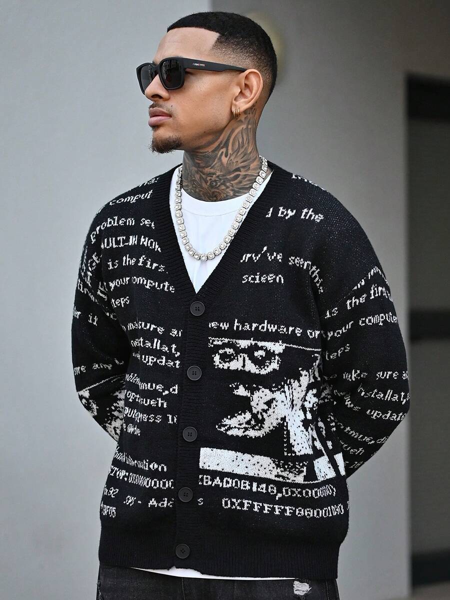 Devon Thys ANDREILEE 春、秋、冬四季欧美韩风男女通用休闲复古抽象字母图案提花长袖开衫针织衫 - 黑色 - 查看 1