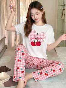 2件套少女休闲樱花蝴蝶结印花白色圆领上衣和宽松粉色格子樱花图案针织面料柔软舒适家居服短袖裤套装 - 粉色 - 查看 7