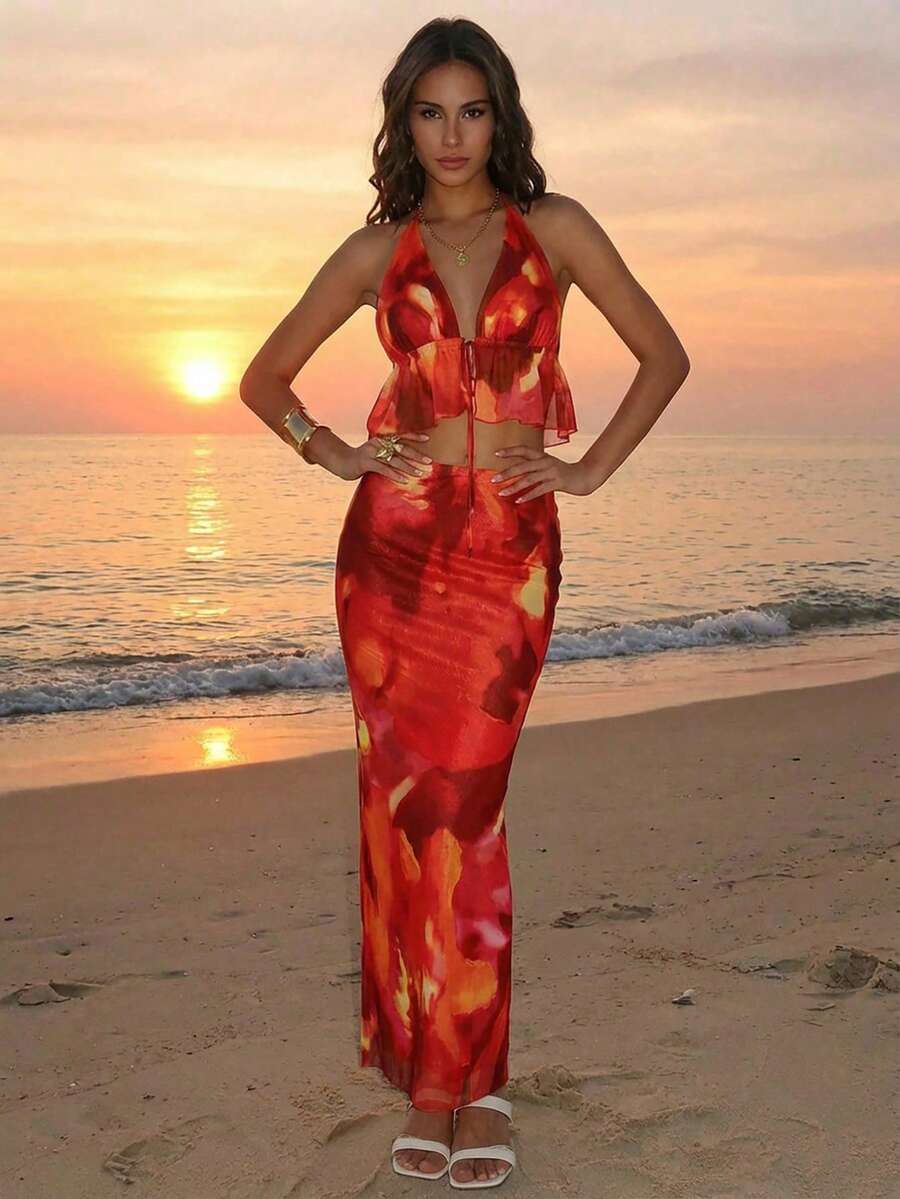 Aloruh 女士扎染荷叶边吊带上衣和半身裙性感两件套，度假橙色两件套性感度假装 - 白色 - 查看 1