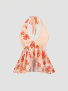 Sweetra Set casual da 2 pezzi in stile vacanza francese da donna, composto da top senza maniche con collo alla francese e stampa, e gonna corta con vita plissettata e balza, adatto per primavera/estate - Multicolore - Visualizzare 3