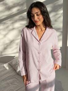 Aloruh Women's Striped Long Sleeve Top And Wide Leg Pants Casual Outfit - Khaki - View 1