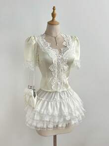 Elamini Elegant Women's Blouse With Bow Tie Lace Puff Sleeves - White - View 1