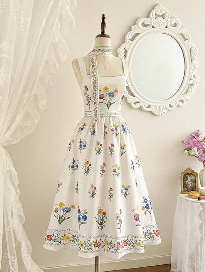 Vintamour Vintage Elegant Women's Dress With Pockets & Headband, Floral Print Countryside Style Casual Holiday Strap Dress