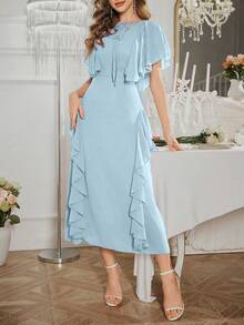 Modelyn Vestido con mangas con volantes y cintura con lazo, diseño francés para mujer - Celeste - Ver 4