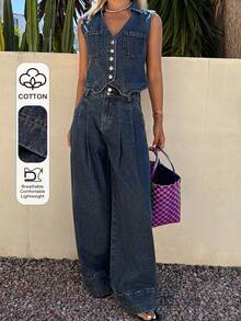 Livesso 女士休闲牛仔套装，不对称下摆翻领上衣和裤子 - 藍色 - 查看 1