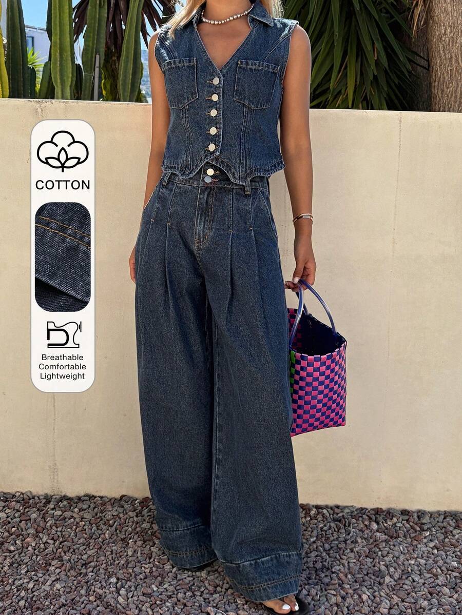 Livesso 女士休闲牛仔套装，不对称下摆翻领上衣和裤子 - 藍色 - 查看 1