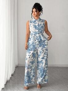 SHEIN Elenzya Bộ đồ nữ cỡ lớn 2 món - Áo sơ mi cổ bẻ + Quần dài thường ngày, trang phục thường ngày. - Màu xanh lam - Xem 3