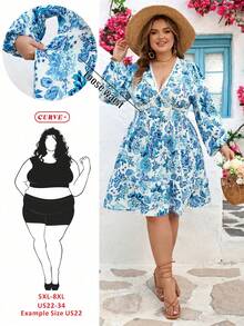 SHEIN CURVE+ Curve 尺码 US22 音乐节、海滨度假、波西米亚风 V 领印花梭织迷你连衣裙，适合春夏穿着，夏季服装，情人节、度假装、沙滩装、节日、浪漫优雅服饰、波西米亚风、甜美风、锐舞派对装、热带度假女装、狂欢节夏季宽松腰身碎花连衣裙 - 藍色 - 查看 6