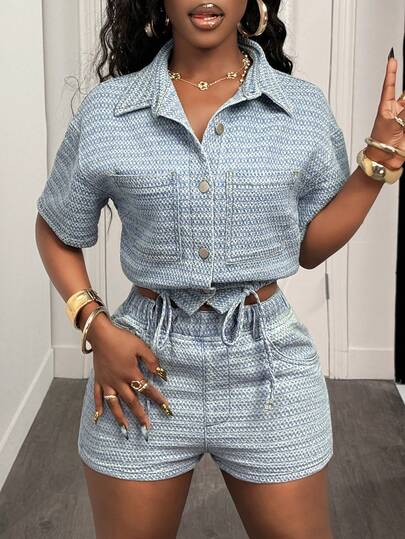 Slaydiva Women's Short Sleeve Single-Breasted Pocket Casual Denim Blouse