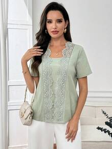 Miaspire Blusa holgada de manga corta con encaje de contraste 2 en 1 para mujer - Verde - Ver 3