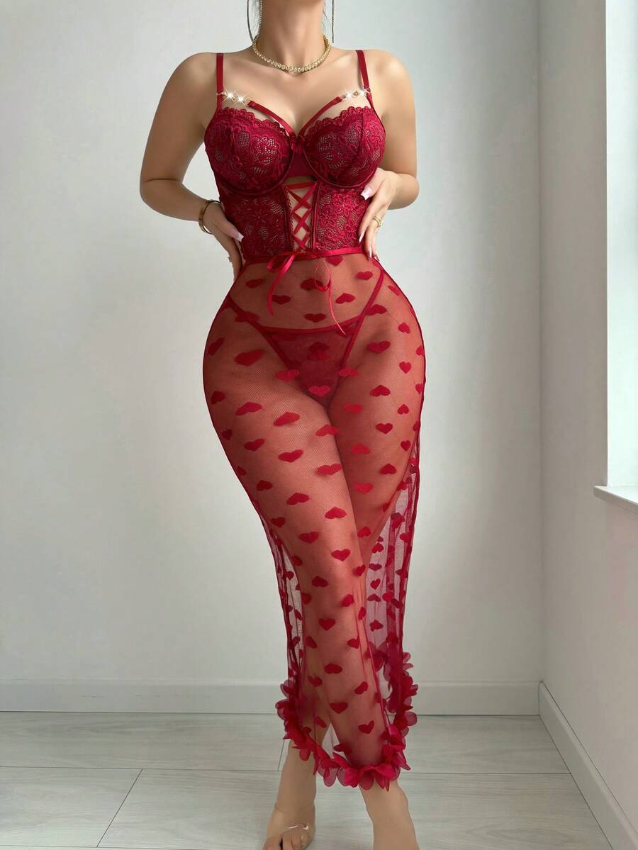 两件套蕾丝拼接爱心网纱长裙和丁字裤套装，度假派对 - 酒紅色 - 查看 1
