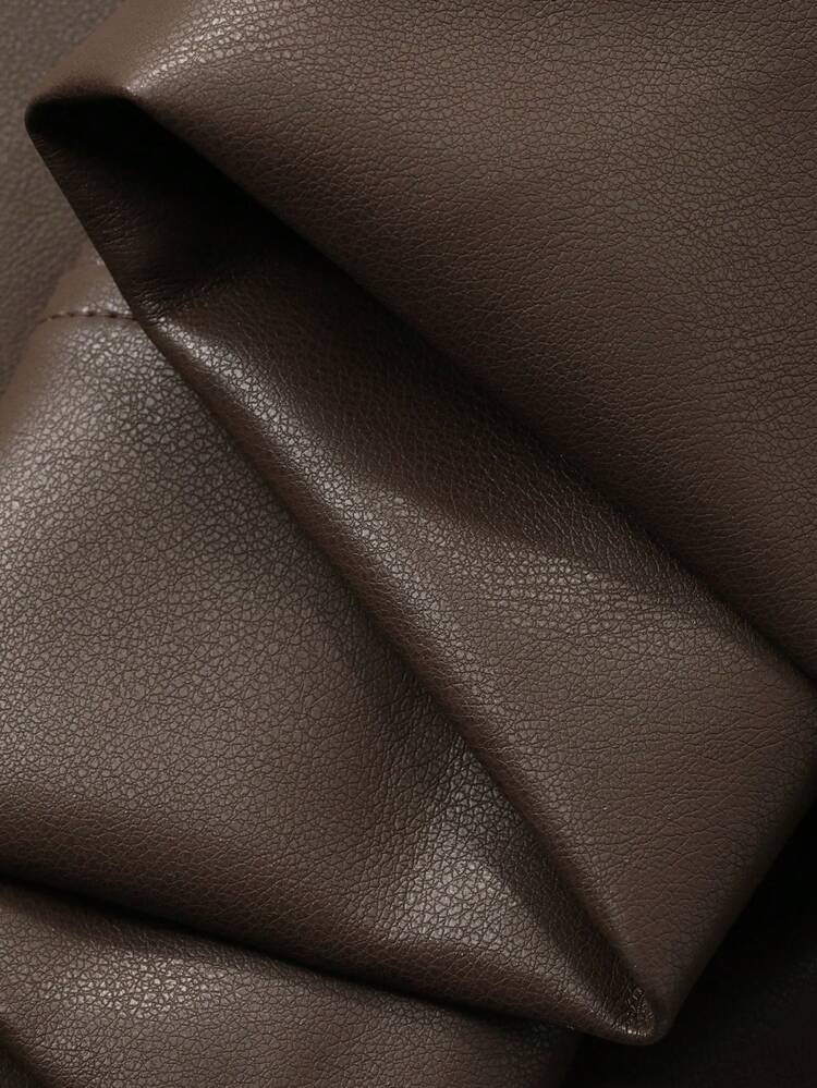 Women's Loose Fit Lapel PU Jacket, Coffee Brown, Suitable For Spring Outfits & Autumn/Winter