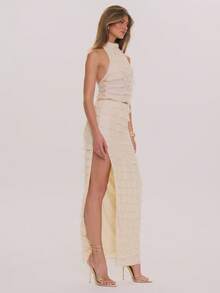 MUSERA Vestido maxi elegante con cuello alto, volantes y ajustado para primavera y verano, ideal para invitada de boda, vacaciones, ocasiones especiales y luna de miel - Albaricoque - Ver 3