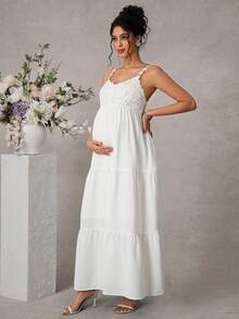 Momance 孕妇夏季休闲度假风蕾丝拼接层叠下摆吊带连衣裙 - 白色 - 查看 4