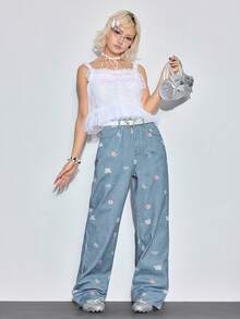 Sweetness 女士休闲甜美碎花蓝色牛仔裤 - 藍色 - 查看 1