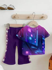 SHEIN 女婴休闲简约短袖圆领T恤和喇叭裤套装，适合春夏穿着 - 彩色 - 查看 2