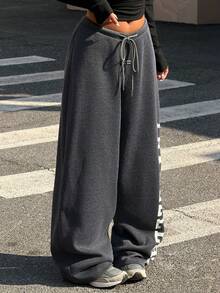 Muchica Dark Grey Knit Drawstring Waist Sweatpants, College Style - Dark Grey - View 3