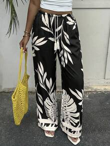 Aloruh Women's Tropical Plant Print Drawstring Waist Straight Loose Pants - Black - View 3