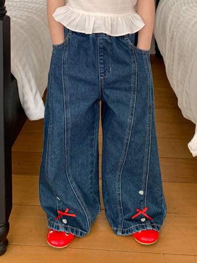 Dazy Kids Young Girl Bow Decor Pocket Casual Versatile Daily Wear Wide Leg Jeans