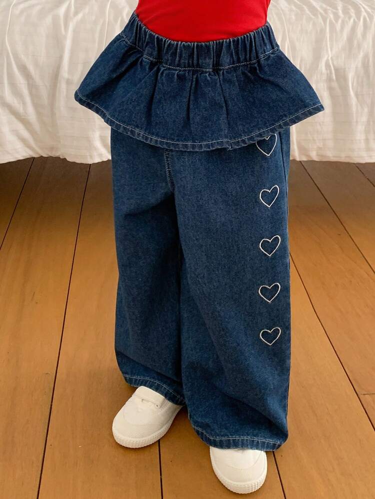 Young Girls Heart Decor Ruffled Trim Denim Jeans, Fall