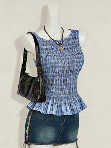 Sweetra Women's New Year, Summer , Halloween Costume, Christmas, Thanksgiving, New Arrivals, Spring/Summer/Autumn/Winter, Suitable For Party, Commute, Daily, Travel, Vacation, Summer Top, Elegant Party Blouse, Women Beach, Plaid Top, Cute Sweet Vacation, Waist Ruched Fitted Sleeveless Round Neck Ruffle Hem Top - Blue - View 4