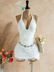 Soleia Đầm mini hở lưng ren trơn màu thanh lịch gợi cảm cho nữ - trắng - Xem 3