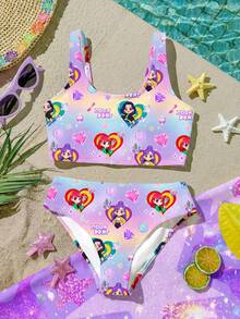 卡通女孩，亮紫色，卡通女孩团体泳装印花图案，少女休闲简约吊带背心和三角比基尼泳装套装，适合夏季穿着 - 彩色 - 查看 1