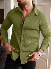Manfinity Homme Plus Size Men's Long Sleeve Collared Button-Up Shirt - Army Green - View 5