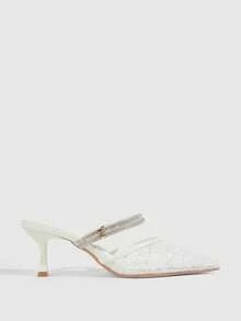 CUCCOO SZL Tacones altos tipo salón con punta puntiaguda, malla y strass, de estilo casual para ir al trabajo. Adecuados para bodas, fiestas y eventos de noche - Blanco - Ver 3
