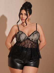 SHEIN BAE Áo hai dây dệt kim xuyên thấu gợi cảm cỡ lớn với ren đen và dây mảnh, họa tiết thực vật, vạt áo bất đối xứng, chiều dài tiêu chuẩn. - màu đen - Xem 6