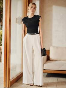 Anewsta Áo thun tay ngắn cổ tròn màu trơn, kiểu dáng thanh lịch, ren móc, khoét lỗ, chất liệu trơn, hàng mới về mùa hè. - màu đen - Xem 6