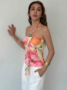Aloruh Women's Floral Print Patchwork Ruffle Trim Halter Neck Vacation Tank Top,Summer Tops For Pretty Party Cute - Multicolor - View 6