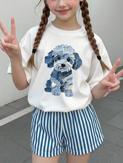 少女休闲可爱小狗图案宽松圆领短袖T恤和条纹宽松短裤两件套，适合春夏季节穿着