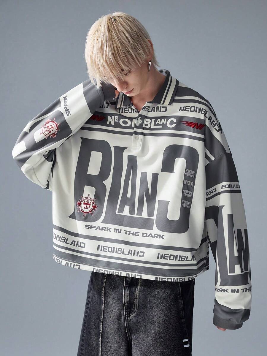 NEON BLANC Camiseta polo masculina de manga comprida estampada em malha, estilo streetwear. - Cinza - Ver 1