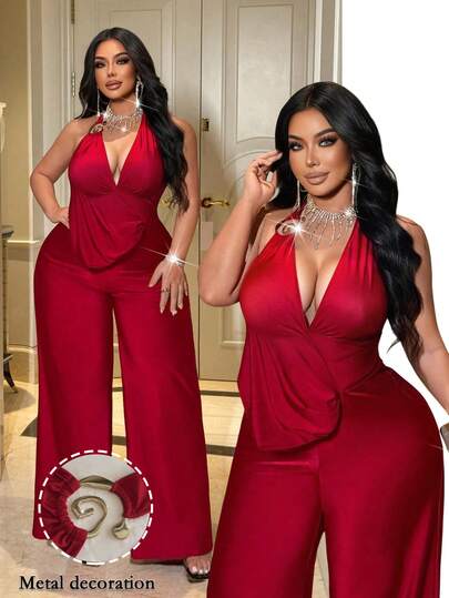 NU&NOW 大码女式酒红色露背深V镂空阔腿连体裤，性感